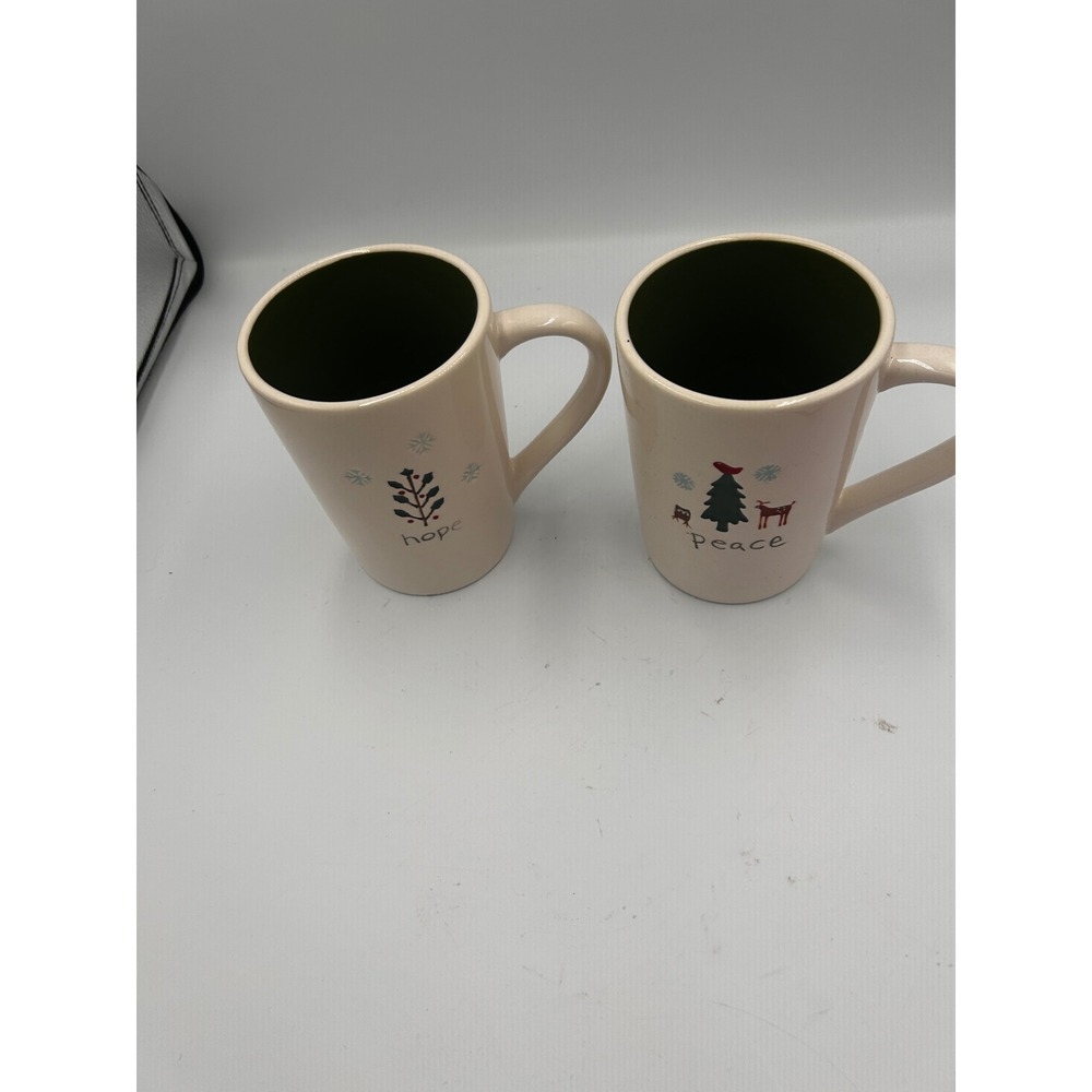 Tag Christmas Coffee Mug Set Hope Peace Tree Reindeer Ceramic Green Cream 2pc